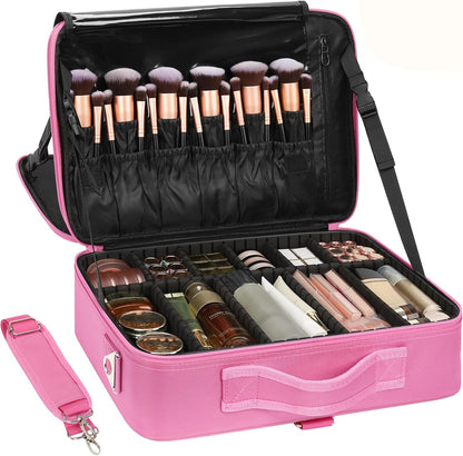 Makeup Bag Travel Makeup Train Case Large Cosmetic Case Professional Portable Makeup Brush Holder Organizer and Storage with Adjustable Dividers and Shoulder Strap Black