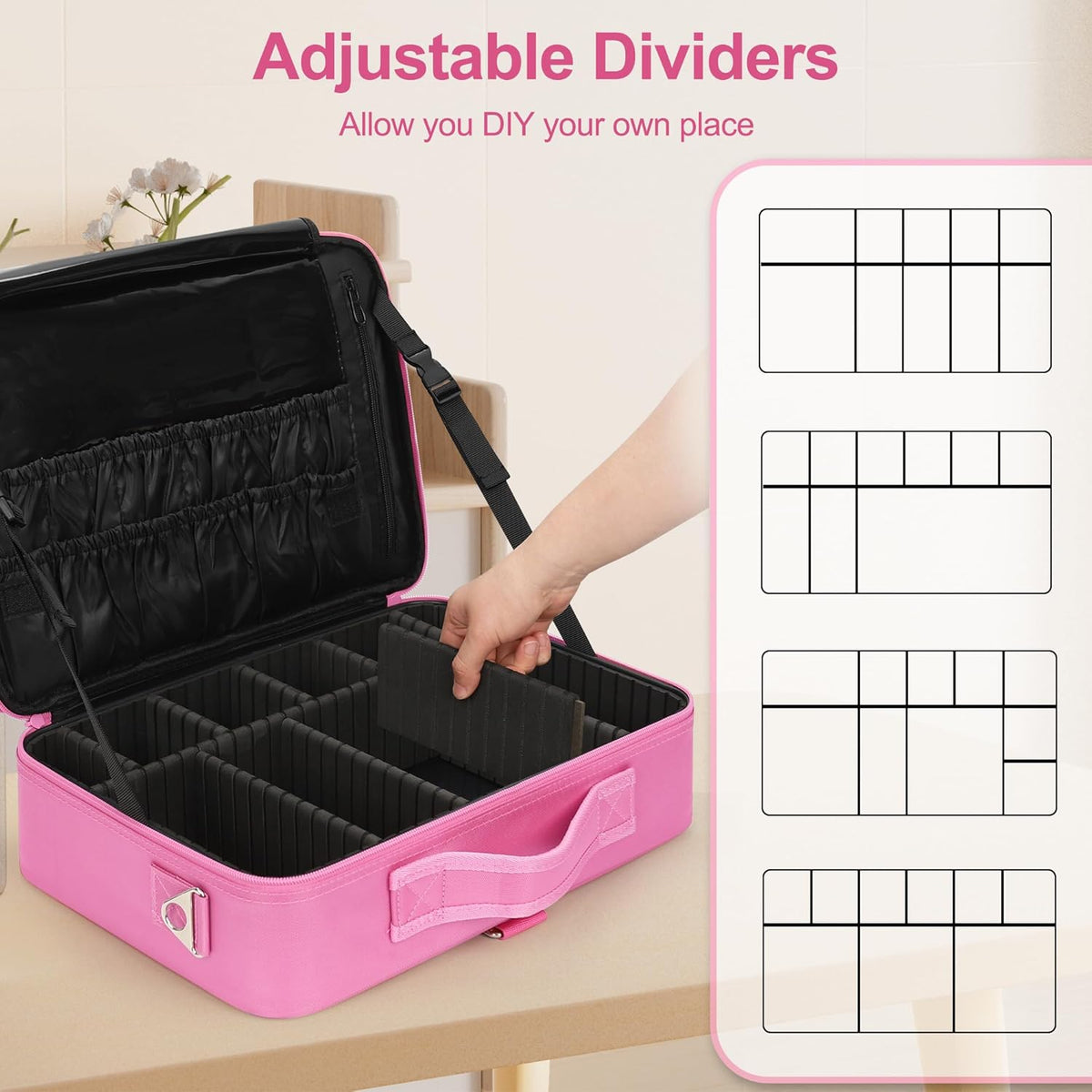 Makeup Bag Travel Makeup Train Case Large Cosmetic Case Professional Portable Makeup Brush Holder Organizer and Storage with Adjustable Dividers and Shoulder Strap Black