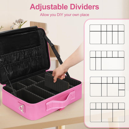 Makeup Bag Travel Makeup Train Case Large Cosmetic Case Professional Portable Makeup Brush Holder Organizer and Storage with Adjustable Dividers and Shoulder Strap Black
