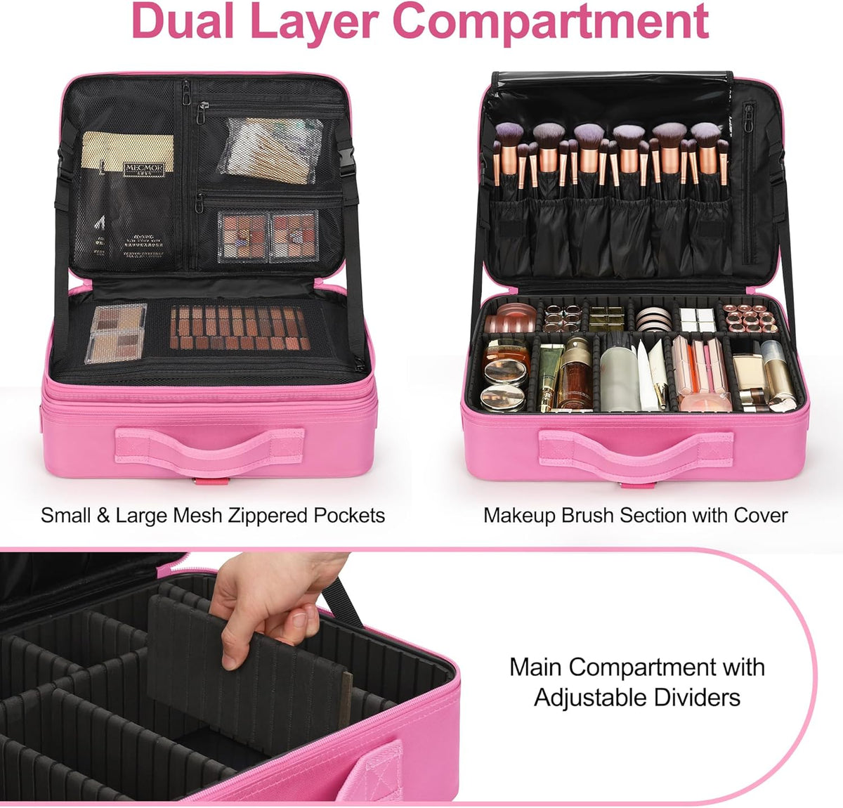 Makeup Bag Travel Makeup Train Case Large Cosmetic Case Professional Portable Makeup Brush Holder Organizer and Storage with Adjustable Dividers and Shoulder Strap Black