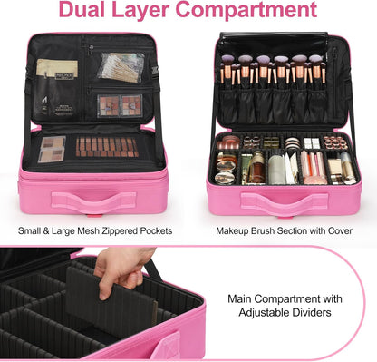 Makeup Bag Travel Makeup Train Case Large Cosmetic Case Professional Portable Makeup Brush Holder Organizer and Storage with Adjustable Dividers and Shoulder Strap Black