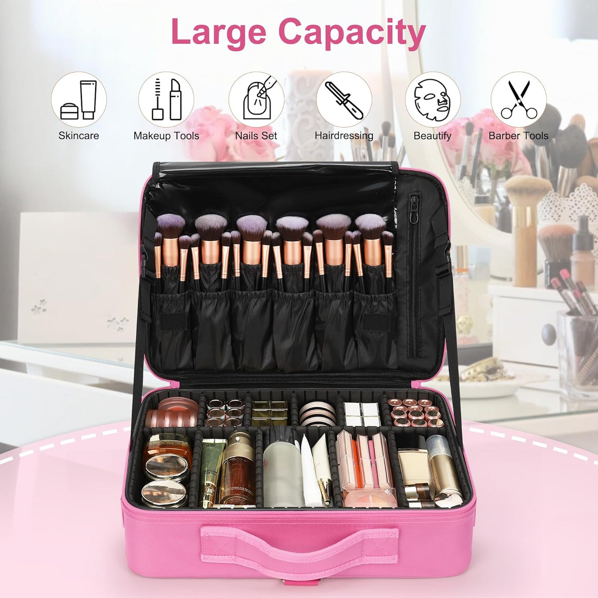 Makeup Bag Travel Makeup Train Case Large Cosmetic Case Professional Portable Makeup Brush Holder Organizer and Storage with Adjustable Dividers and Shoulder Strap Black
