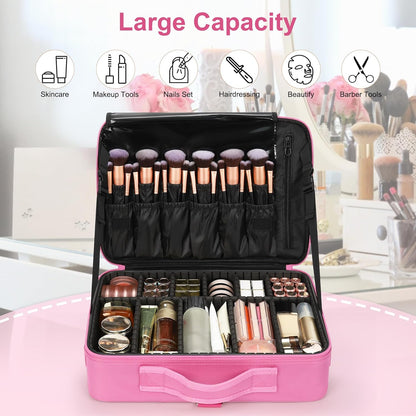 Makeup Bag Travel Makeup Train Case Large Cosmetic Case Professional Portable Makeup Brush Holder Organizer and Storage with Adjustable Dividers and Shoulder Strap Black