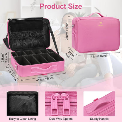 Makeup Bag Travel Makeup Train Case Large Cosmetic Case Professional Portable Makeup Brush Holder Organizer and Storage with Adjustable Dividers and Shoulder Strap Black