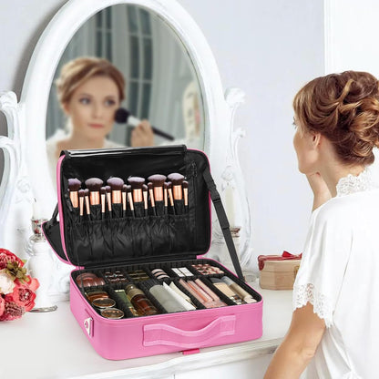 Makeup Bag Travel Makeup Train Case Large Cosmetic Case Professional Portable Makeup Brush Holder Organizer and Storage with Adjustable Dividers and Shoulder Strap Black