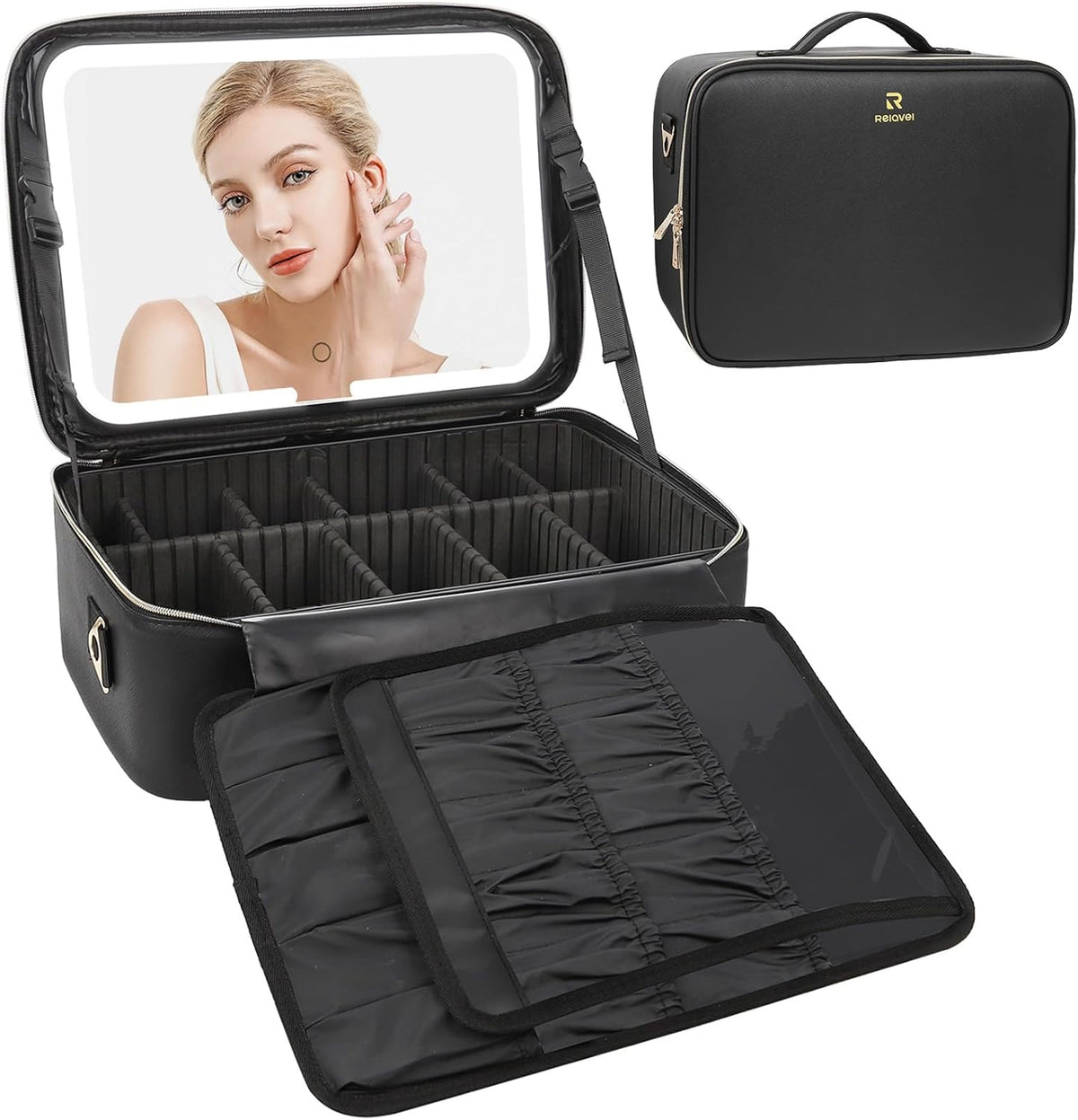 Makeup Bag Travel Makeup Train Case Large Cosmetic Case Professional Portable Makeup Brush Holder Organizer and Storage with Adjustable Dividers and Shoulder Strap Black