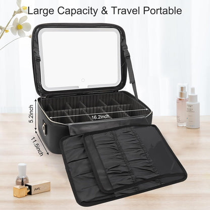 Makeup Bag Travel Makeup Train Case Large Cosmetic Case Professional Portable Makeup Brush Holder Organizer and Storage with Adjustable Dividers and Shoulder Strap Black