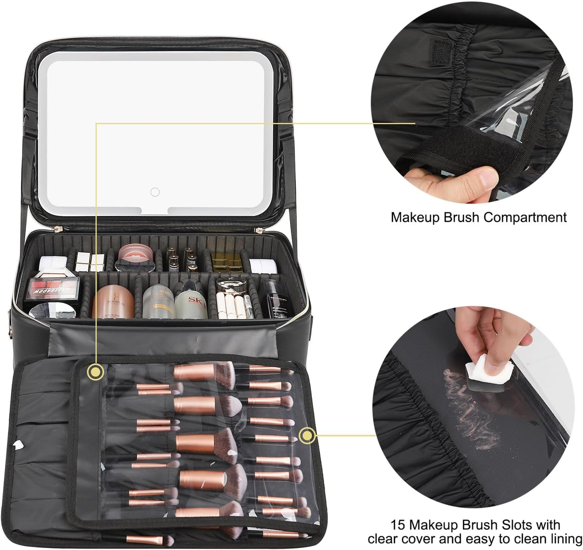 Makeup Bag Travel Makeup Train Case Large Cosmetic Case Professional Portable Makeup Brush Holder Organizer and Storage with Adjustable Dividers and Shoulder Strap Black