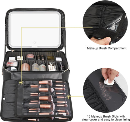 Makeup Bag Travel Makeup Train Case Large Cosmetic Case Professional Portable Makeup Brush Holder Organizer and Storage with Adjustable Dividers and Shoulder Strap Black