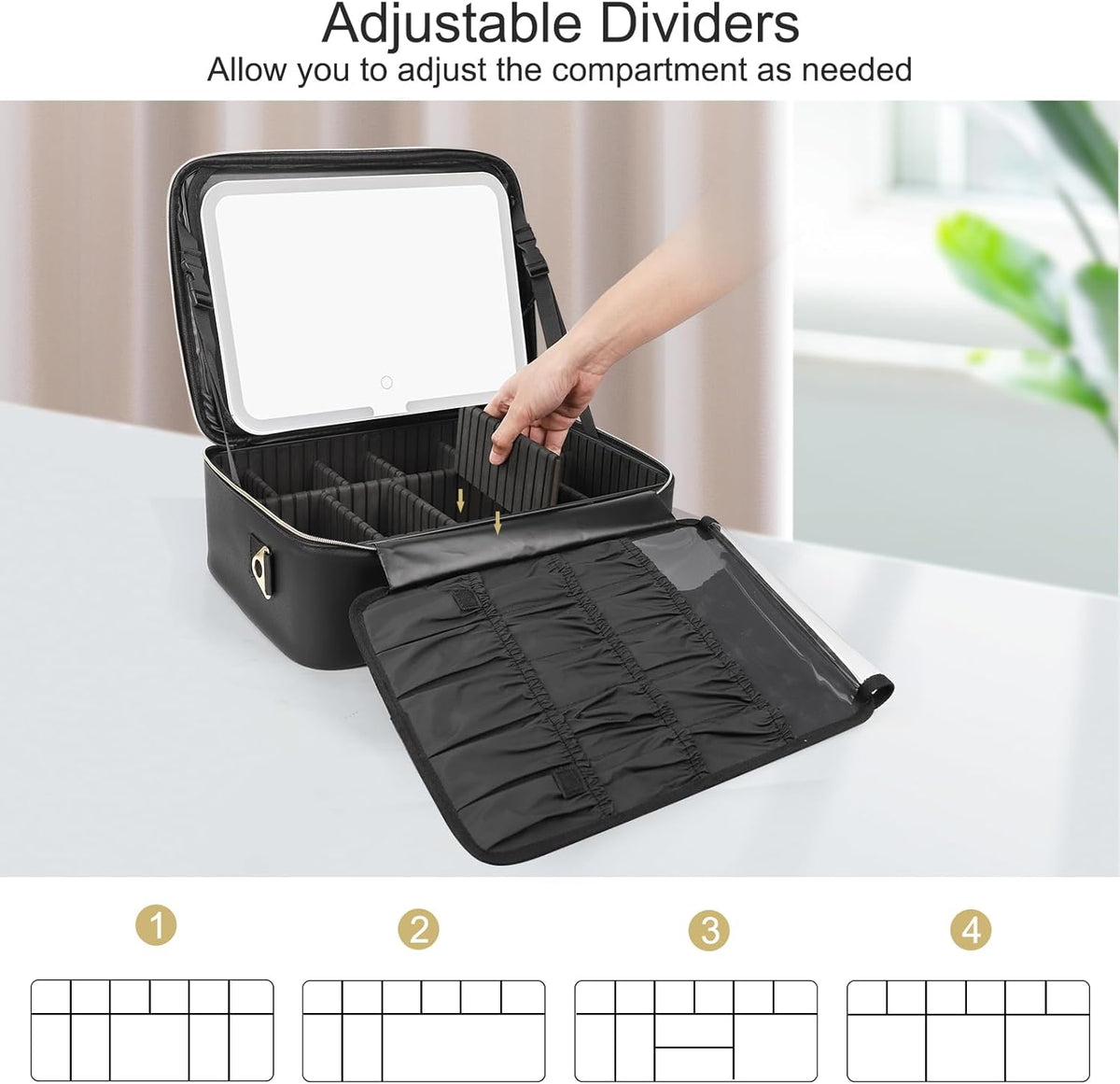 Makeup Bag Travel Makeup Train Case Large Cosmetic Case Professional Portable Makeup Brush Holder Organizer and Storage with Adjustable Dividers and Shoulder Strap Black