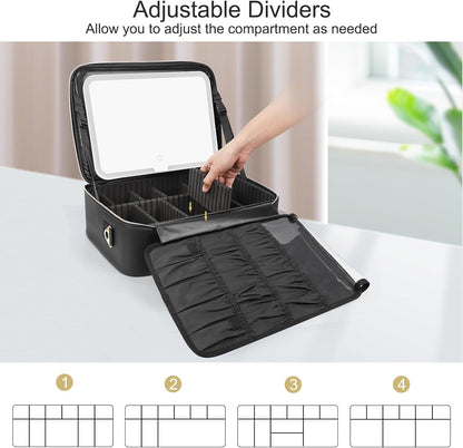 Makeup Bag Travel Makeup Train Case Large Cosmetic Case Professional Portable Makeup Brush Holder Organizer and Storage with Adjustable Dividers and Shoulder Strap Black