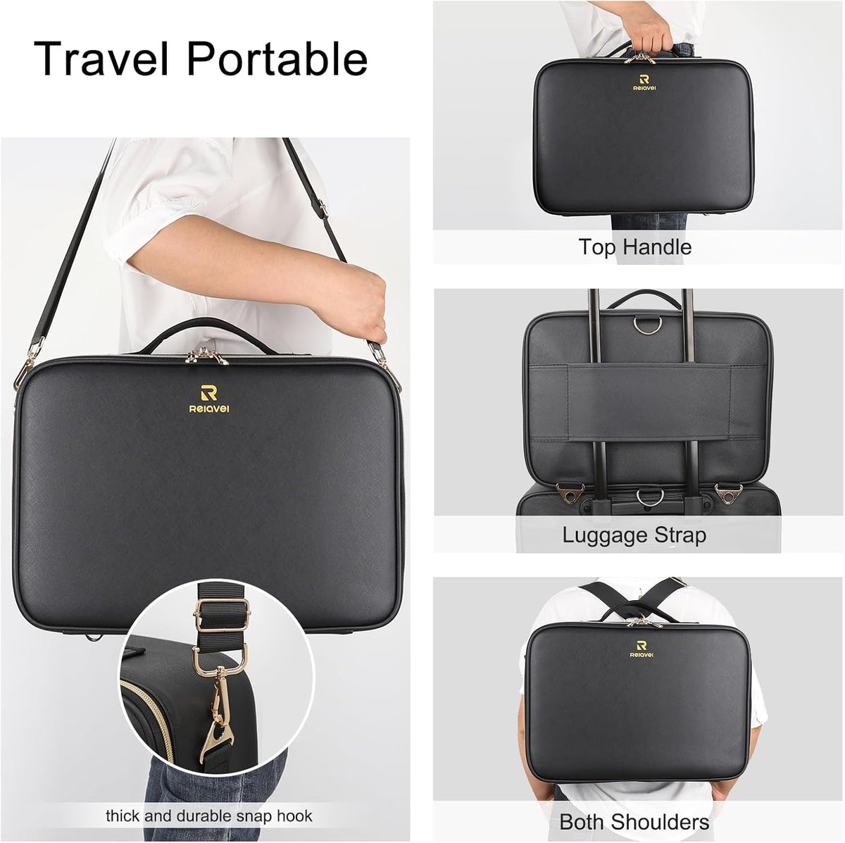 Makeup Bag Travel Makeup Train Case Large Cosmetic Case Professional Portable Makeup Brush Holder Organizer and Storage with Adjustable Dividers and Shoulder Strap Black