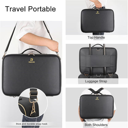 Makeup Bag Travel Makeup Train Case Large Cosmetic Case Professional Portable Makeup Brush Holder Organizer and Storage with Adjustable Dividers and Shoulder Strap Black