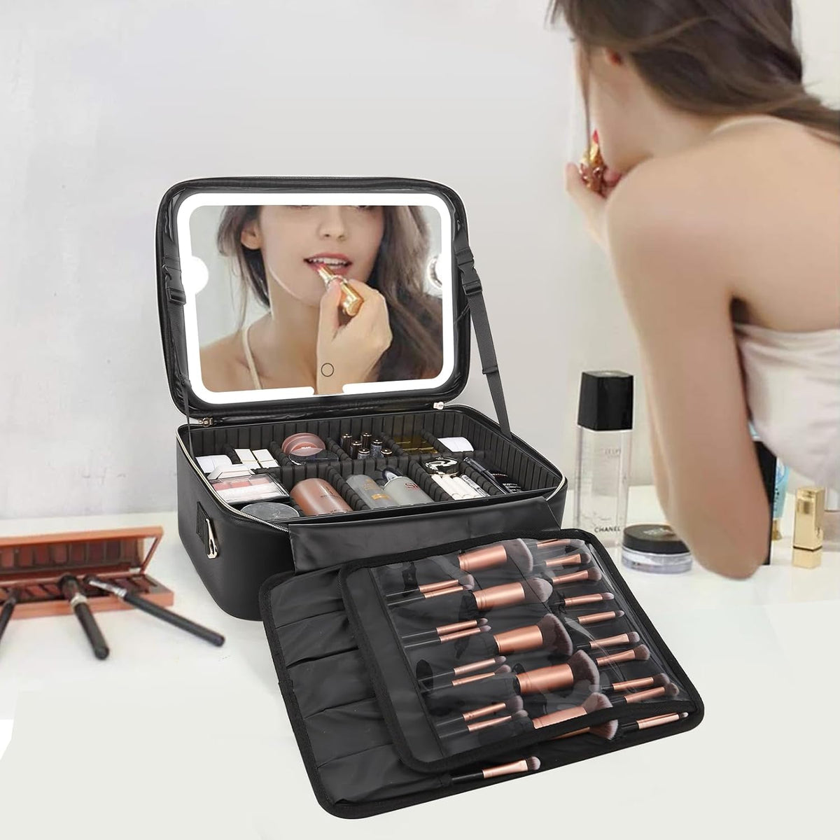 Makeup Bag Travel Makeup Train Case Large Cosmetic Case Professional Portable Makeup Brush Holder Organizer and Storage with Adjustable Dividers and Shoulder Strap Black
