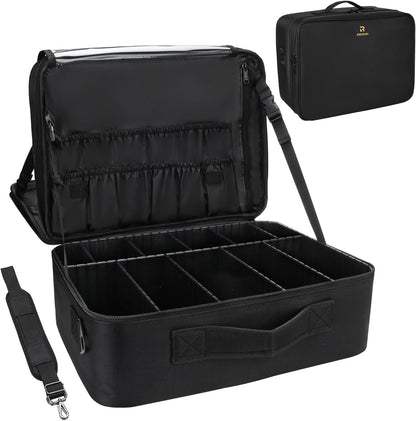 Makeup Bag Travel Makeup Train Case Large Cosmetic Case Professional Portable Makeup Brush Holder Organizer and Storage with Adjustable Dividers and Shoulder Strap Black