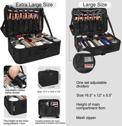 Makeup Bag Travel Makeup Train Case Large Cosmetic Case Professional Portable Makeup Brush Holder Organizer and Storage with Adjustable Dividers and Shoulder Strap Black