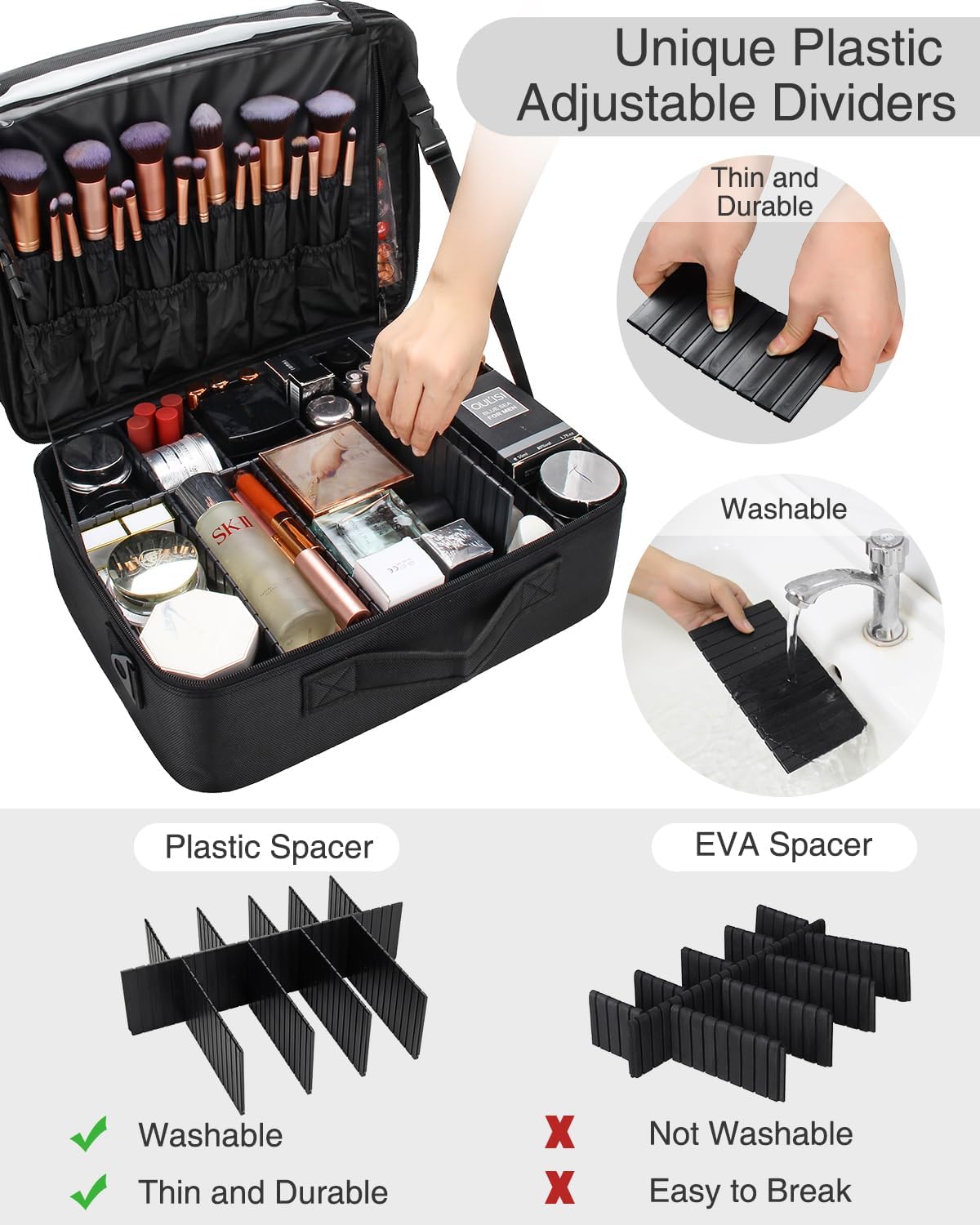 Makeup Bag Travel Makeup Train Case Large Cosmetic Case Professional Portable Makeup Brush Holder Organizer and Storage with Adjustable Dividers and Shoulder Strap Black