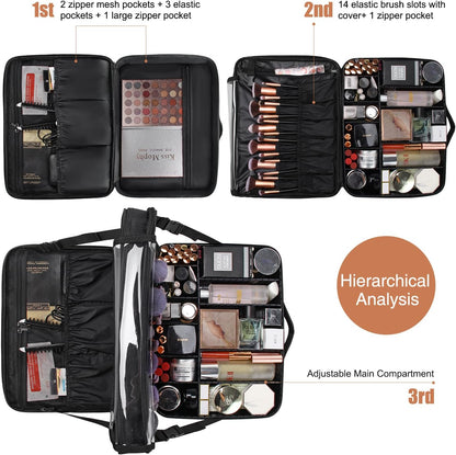 Makeup Bag Travel Makeup Train Case Large Cosmetic Case Professional Portable Makeup Brush Holder Organizer and Storage with Adjustable Dividers and Shoulder Strap Black