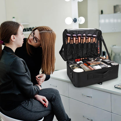 Makeup Bag Travel Makeup Train Case Large Cosmetic Case Professional Portable Makeup Brush Holder Organizer and Storage with Adjustable Dividers and Shoulder Strap Black