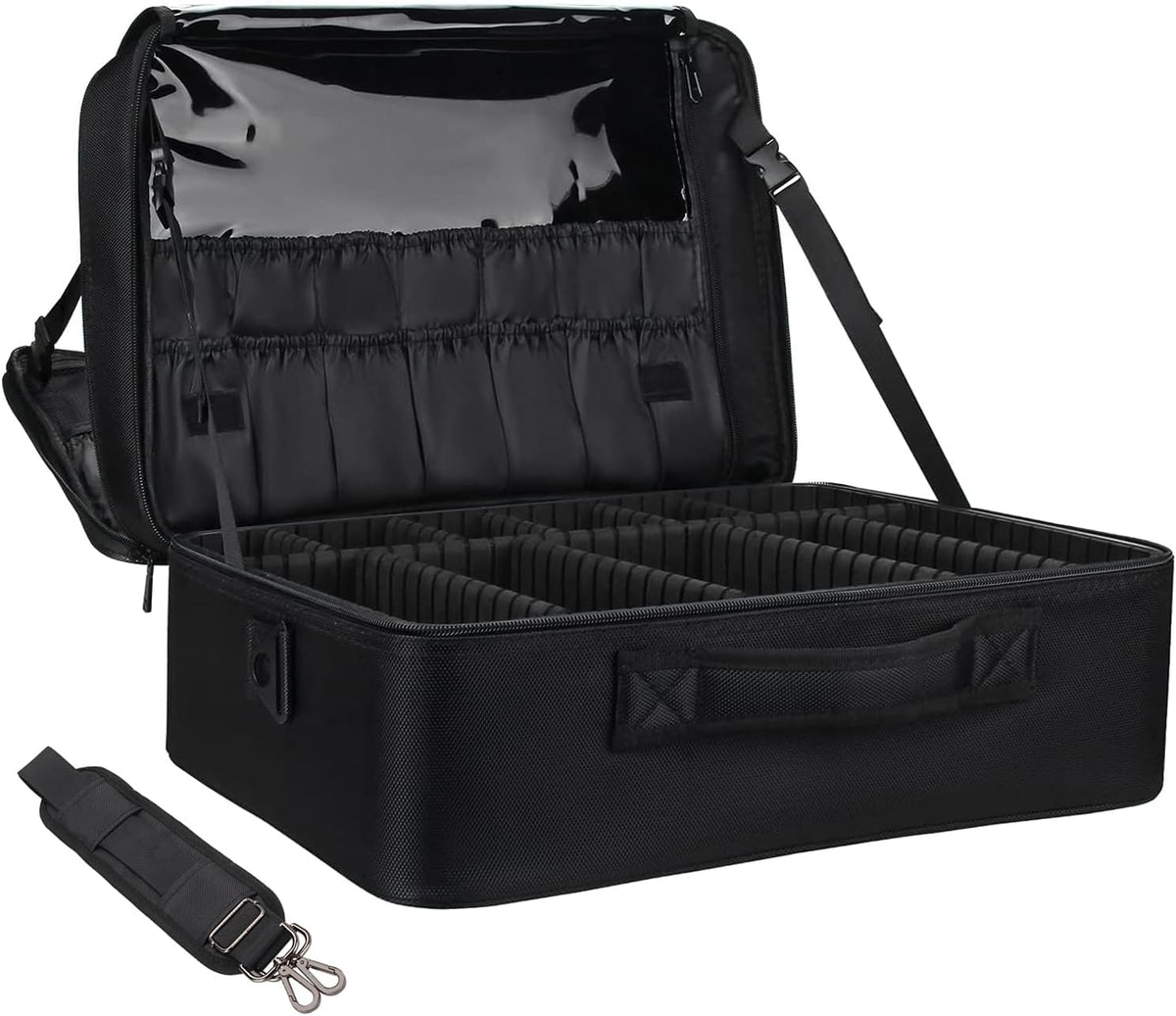 Makeup Bag Travel Makeup Train Case Large Cosmetic Case Professional Portable Makeup Brush Holder Organizer and Storage with Adjustable Dividers and Shoulder Strap Black