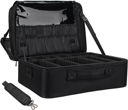 Makeup Bag Travel Makeup Train Case Large Cosmetic Case Professional Portable Makeup Brush Holder Organizer and Storage with Adjustable Dividers and Shoulder Strap Black