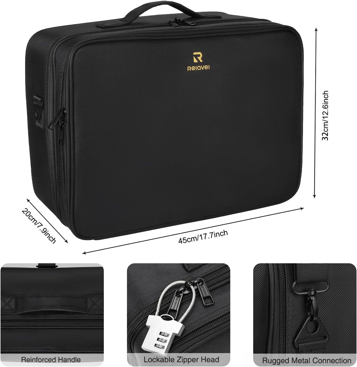 Makeup Bag Travel Makeup Train Case Large Cosmetic Case Professional Portable Makeup Brush Holder Organizer and Storage with Adjustable Dividers and Shoulder Strap Black