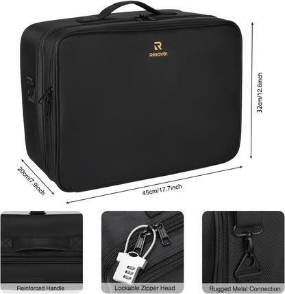 Makeup Bag Travel Makeup Train Case Large Cosmetic Case Professional Portable Makeup Brush Holder Organizer and Storage with Adjustable Dividers and Shoulder Strap Black