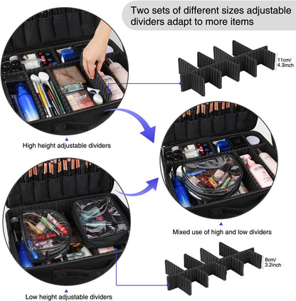 Makeup Bag Travel Makeup Train Case Large Cosmetic Case Professional Portable Makeup Brush Holder Organizer and Storage with Adjustable Dividers and Shoulder Strap Black