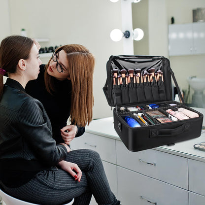 Makeup Bag Travel Makeup Train Case Large Cosmetic Case Professional Portable Makeup Brush Holder Organizer and Storage with Adjustable Dividers and Shoulder Strap Black