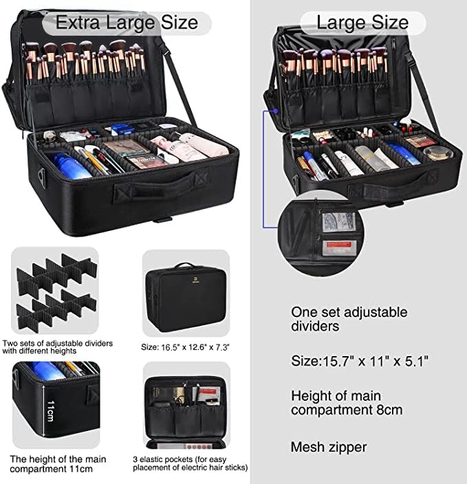 Makeup Bag Travel Makeup Train Case Large Cosmetic Case Professional Portable Makeup Brush Holder Organizer and Storage with Adjustable Dividers and Shoulder Strap Black