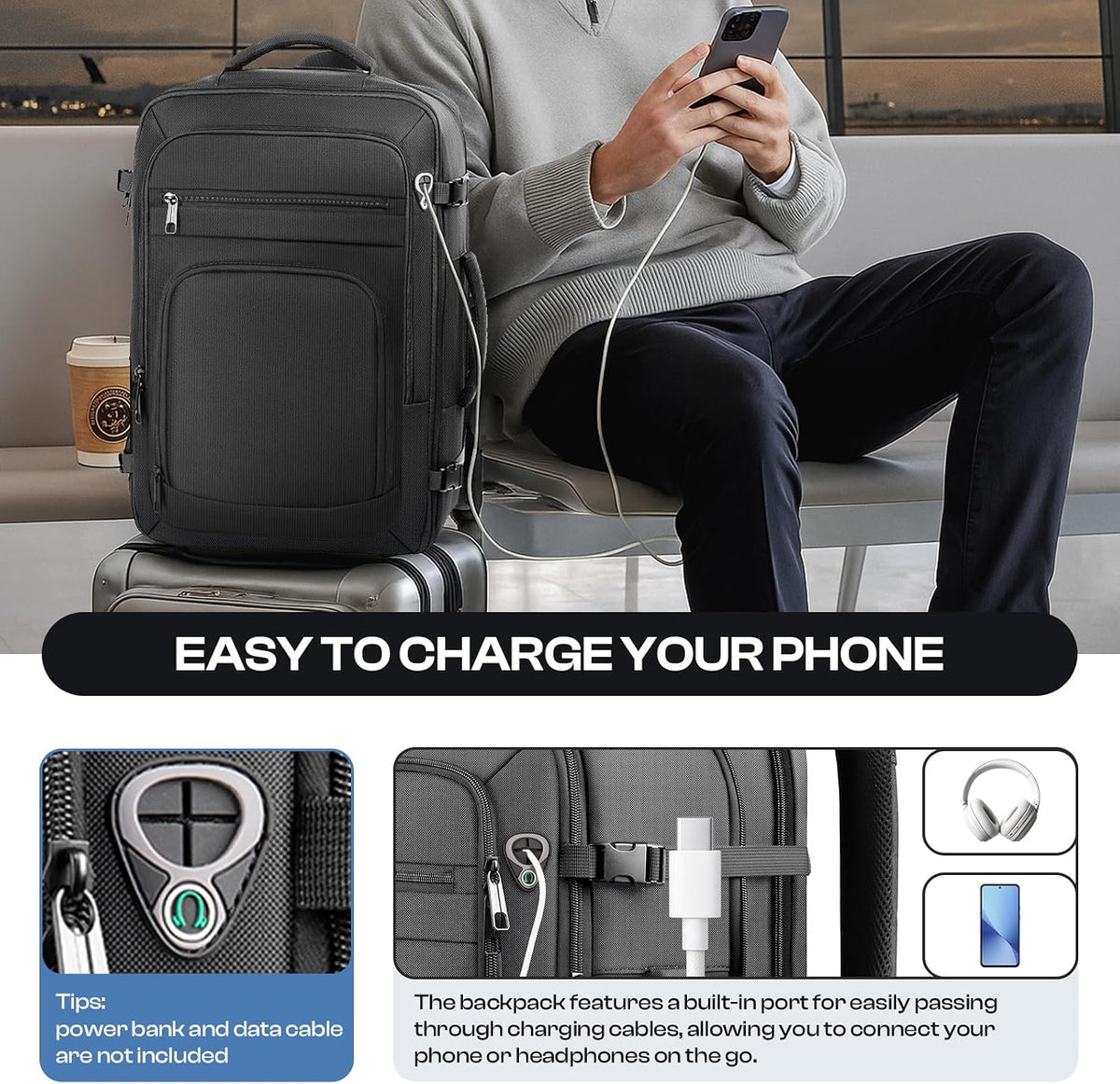 Roomy Travel Backpack, Expandable 40L-50L Carry On Backpack For 17.3" Laptop,TSA Flight Approved Business Travel Backpack w/ Multiple Organizer Pockets for Work,Overnight Trip,College &Daily Commuting