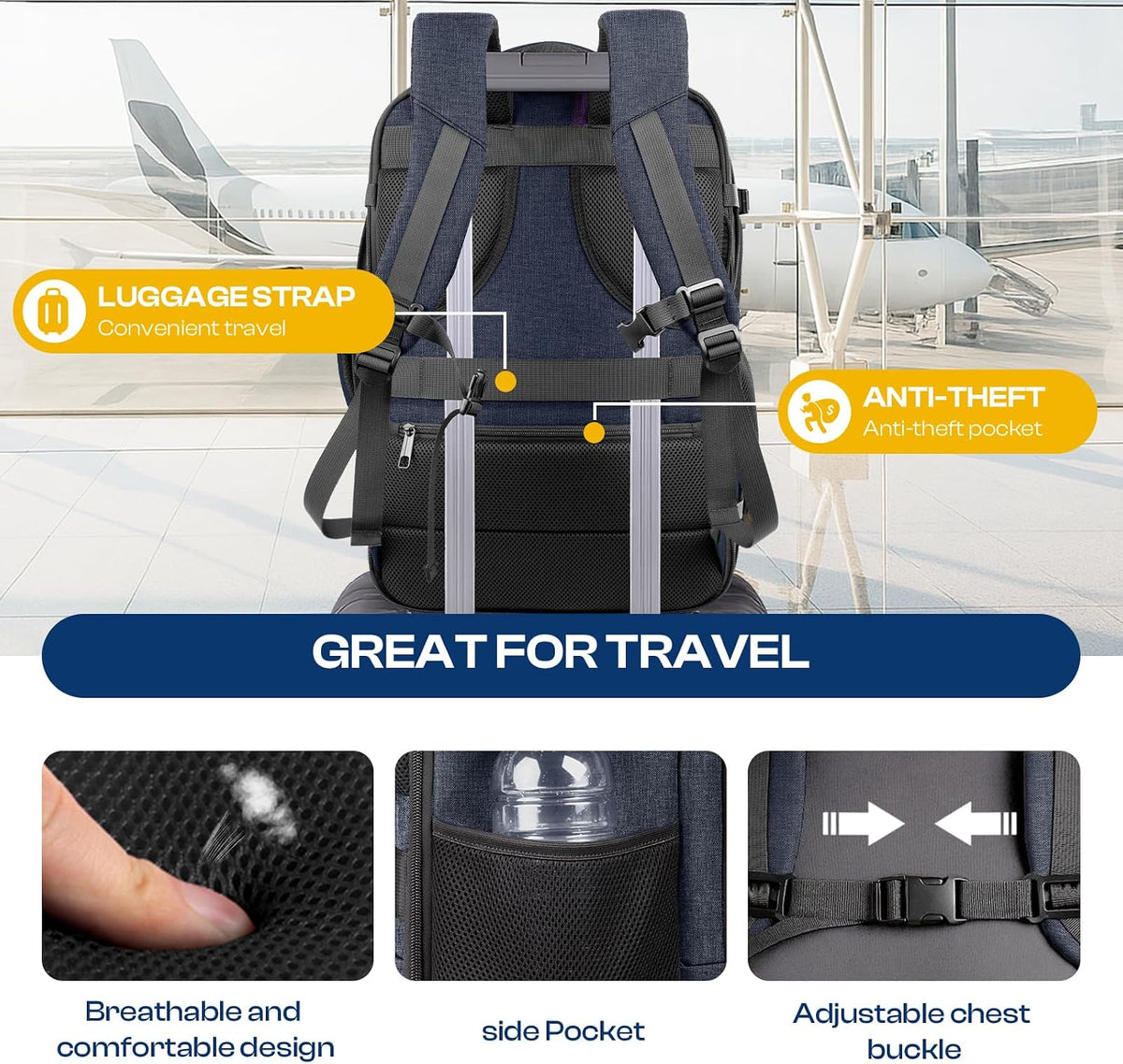 Roomy Travel Backpack, Expandable 40L-50L Carry On Backpack For 17.3" Laptop,TSA Flight Approved Business Travel Backpack w/ Multiple Organizer Pockets for Work,Overnight Trip,College &Daily Commuting
