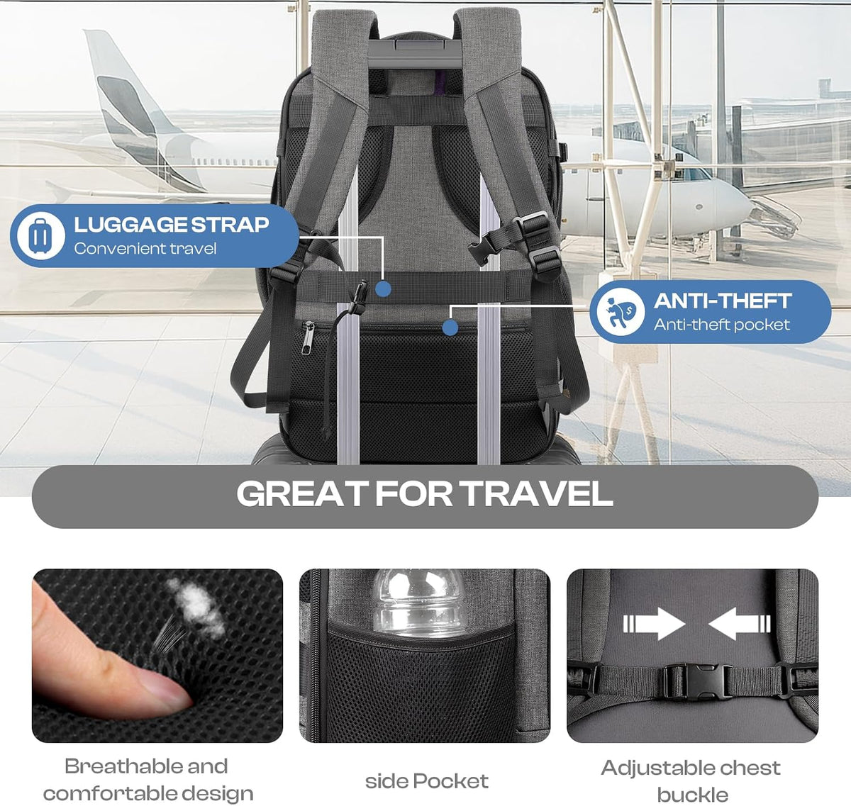 Roomy Travel Backpack, Expandable 40L-50L Carry On Backpack For 17.3" Laptop,TSA Flight Approved Business Travel Backpack w/ Multiple Organizer Pockets for Work,Overnight Trip,College &Daily Commuting