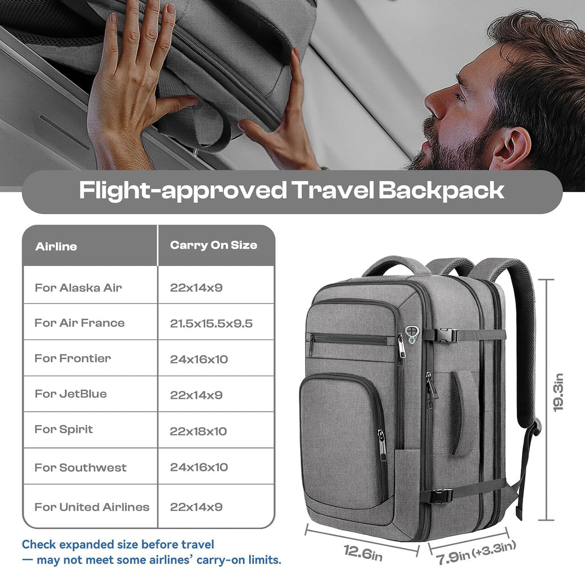 Roomy Travel Backpack, Expandable 40L-50L Carry On Backpack For 17.3" Laptop,TSA Flight Approved Business Travel Backpack w/ Multiple Organizer Pockets for Work,Overnight Trip,College &Daily Commuting