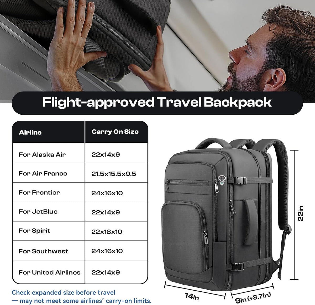 Roomy Travel Backpack, Expandable 40L-50L Carry On Backpack For 17.3" Laptop,TSA Flight Approved Business Travel Backpack w/ Multiple Organizer Pockets for Work,Overnight Trip,College &Daily Commuting