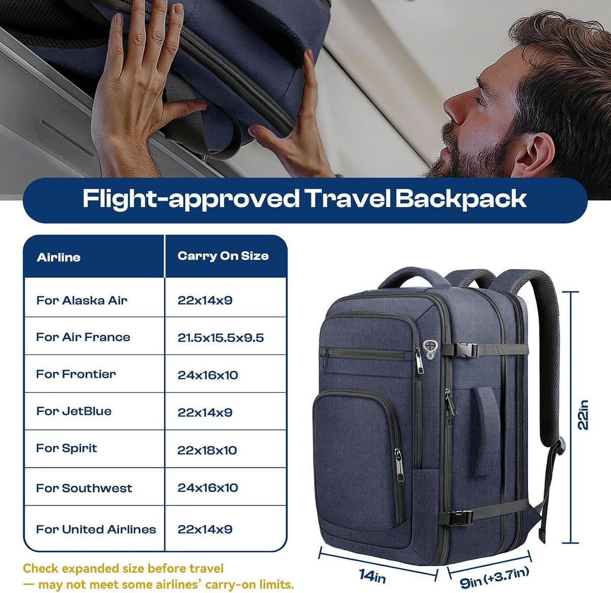 Roomy Travel Backpack, Expandable 40L-50L Carry On Backpack For 17.3" Laptop,TSA Flight Approved Business Travel Backpack w/ Multiple Organizer Pockets for Work,Overnight Trip,College &Daily Commuting