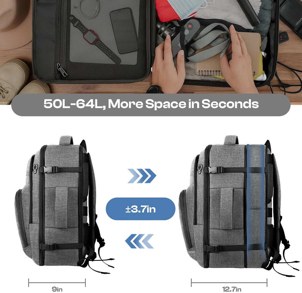 Roomy Travel Backpack, Expandable 40L-50L Carry On Backpack For 17.3" Laptop,TSA Flight Approved Business Travel Backpack w/ Multiple Organizer Pockets for Work,Overnight Trip,College &Daily Commuting