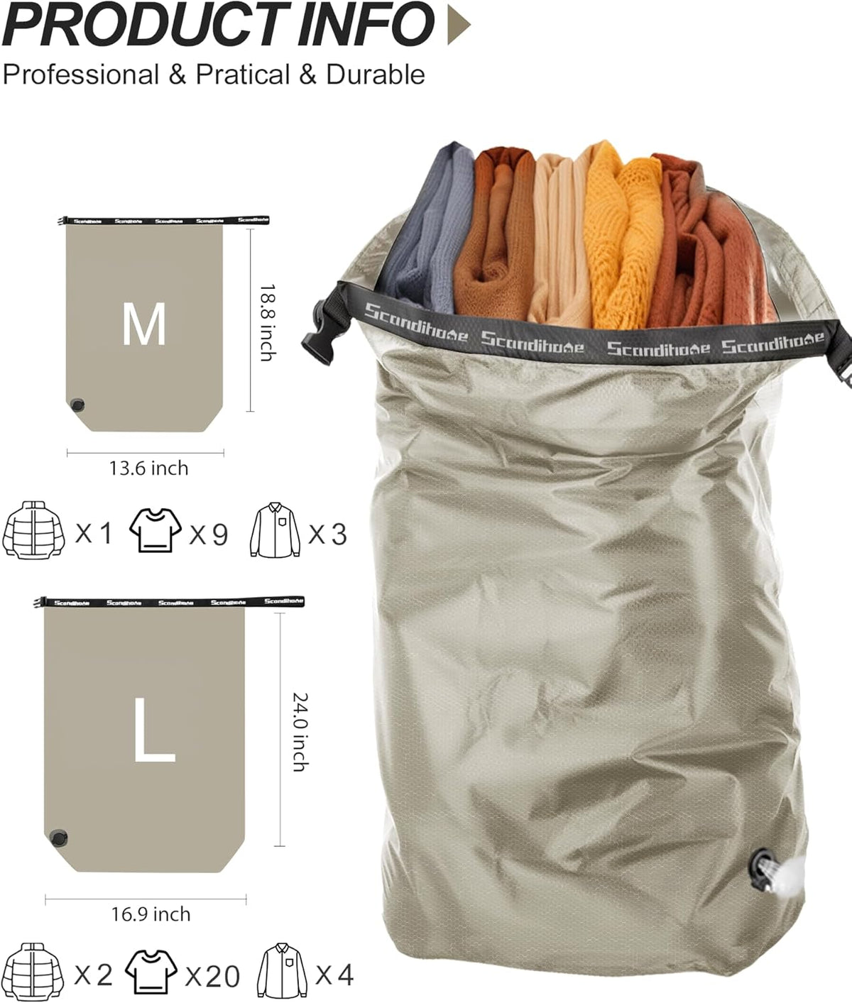 Travel Compression Laundry Bag, Pump-Free Vacuum Space Saver Bag for Dirty Clothes, Reusable Waterproof Wet Dry Bag, Travel Laundry Bag for Luggage, Packing, Suitcase (1 Pcs)(Gray, L)