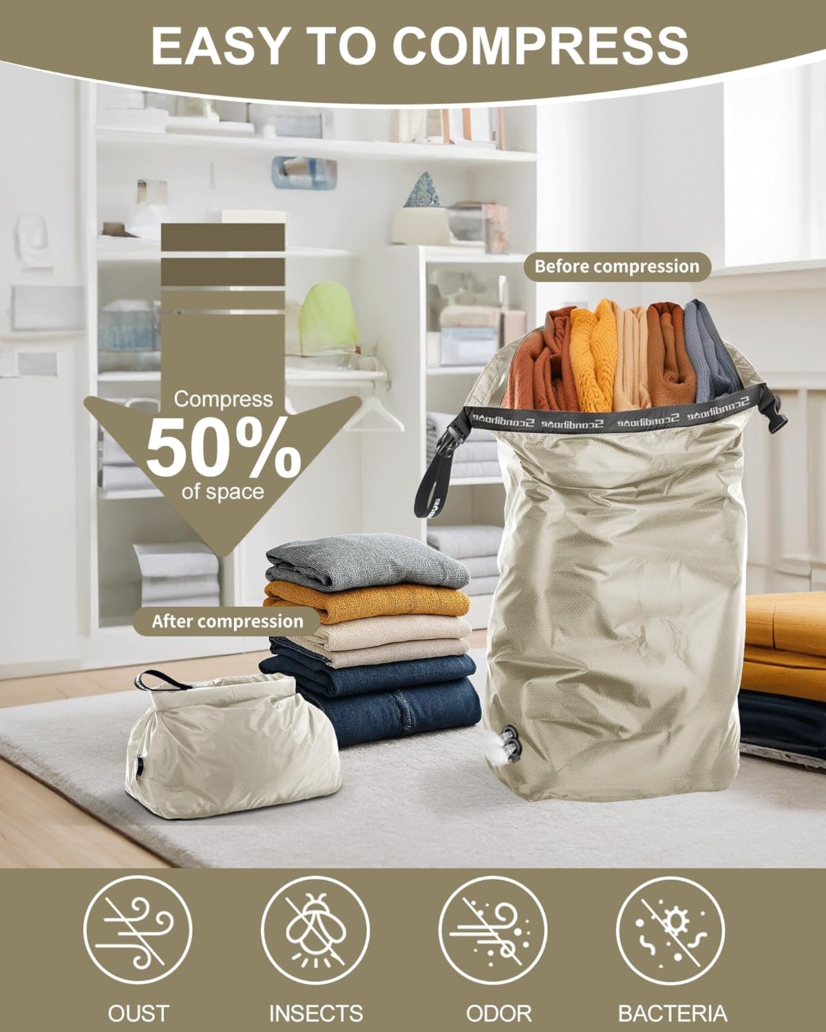 Travel Compression Laundry Bag, Pump-Free Vacuum Space Saver Bag for Dirty Clothes, Reusable Waterproof Wet Dry Bag, Travel Laundry Bag for Luggage, Packing, Suitcase (1 Pcs)(Gray, L)
