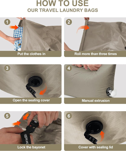 Travel Compression Laundry Bag, Pump-Free Vacuum Space Saver Bag for Dirty Clothes, Reusable Waterproof Wet Dry Bag, Travel Laundry Bag for Luggage, Packing, Suitcase (1 Pcs)(Gray, L)
