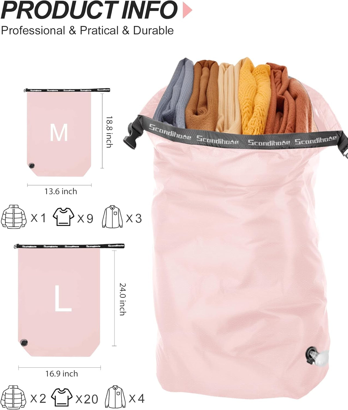 Travel Compression Laundry Bag, Pump-Free Vacuum Space Saver Bag for Dirty Clothes, Reusable Waterproof Wet Dry Bag, Travel Laundry Bag for Luggage, Packing, Suitcase (1 Pcs)(Gray, L)