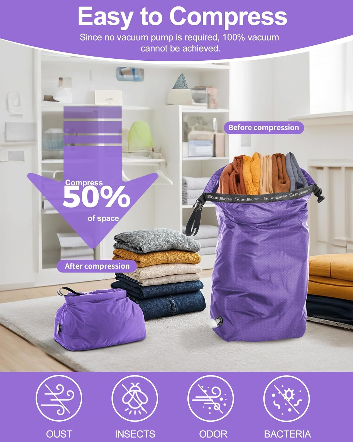 Travel Compression Laundry Bag, Pump-Free Vacuum Space Saver Bag for Dirty Clothes, Reusable Waterproof Wet Dry Bag, Travel Laundry Bag for Luggage, Packing, Suitcase (1 Pcs)(Gray, L)