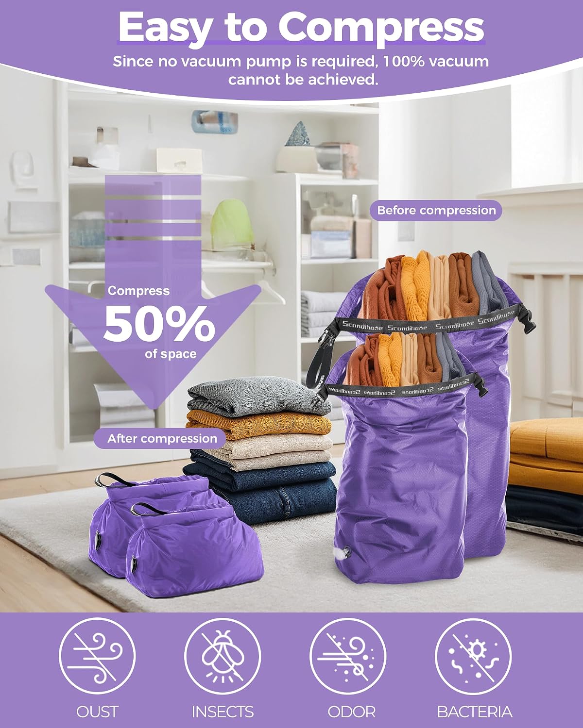 Travel Compression Laundry Bag, Pump-Free Vacuum Space Saver Bag for Dirty Clothes, Reusable Waterproof Wet Dry Bag, Travel Laundry Bag for Luggage, Packing, Suitcase (1 Pcs)(Gray, L)