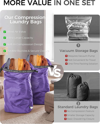 Travel Compression Laundry Bag, Pump-Free Vacuum Space Saver Bag for Dirty Clothes, Reusable Waterproof Wet Dry Bag, Travel Laundry Bag for Luggage, Packing, Suitcase (1 Pcs)(Gray, L)