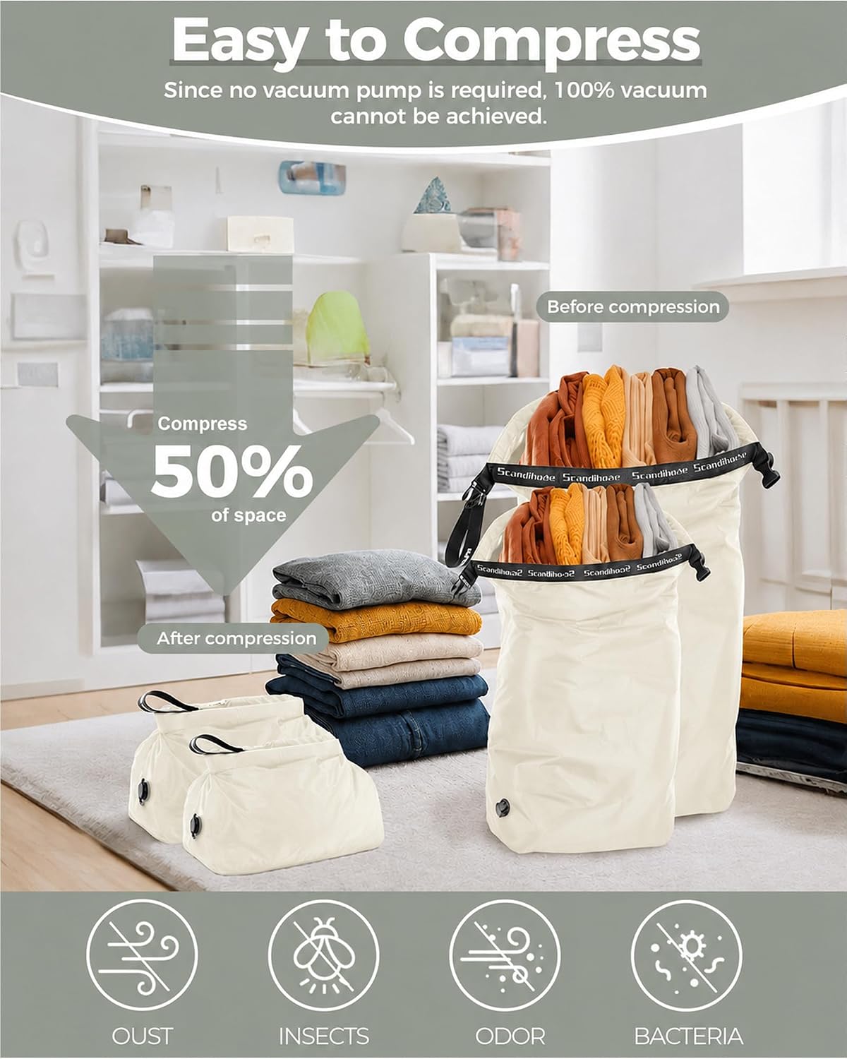 Travel Compression Laundry Bag, Pump-Free Vacuum Space Saver Bag for Dirty Clothes, Reusable Waterproof Wet Dry Bag, Travel Laundry Bag for Luggage, Packing, Suitcase (1 Pcs)(Gray, L)