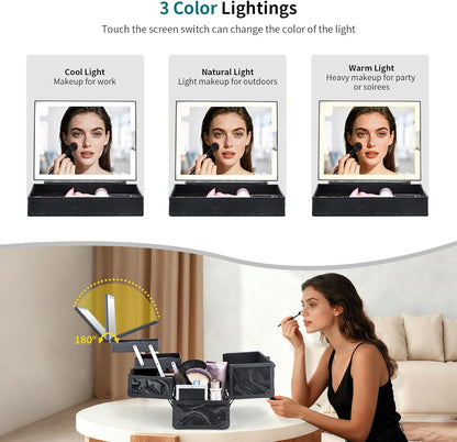 Travel Makeup Case with LED Lighted Mirror - 11.6" Portable Makeup Organizer Box, Cosmetic Train Case with Detachable Brush Holder - Fluid Black