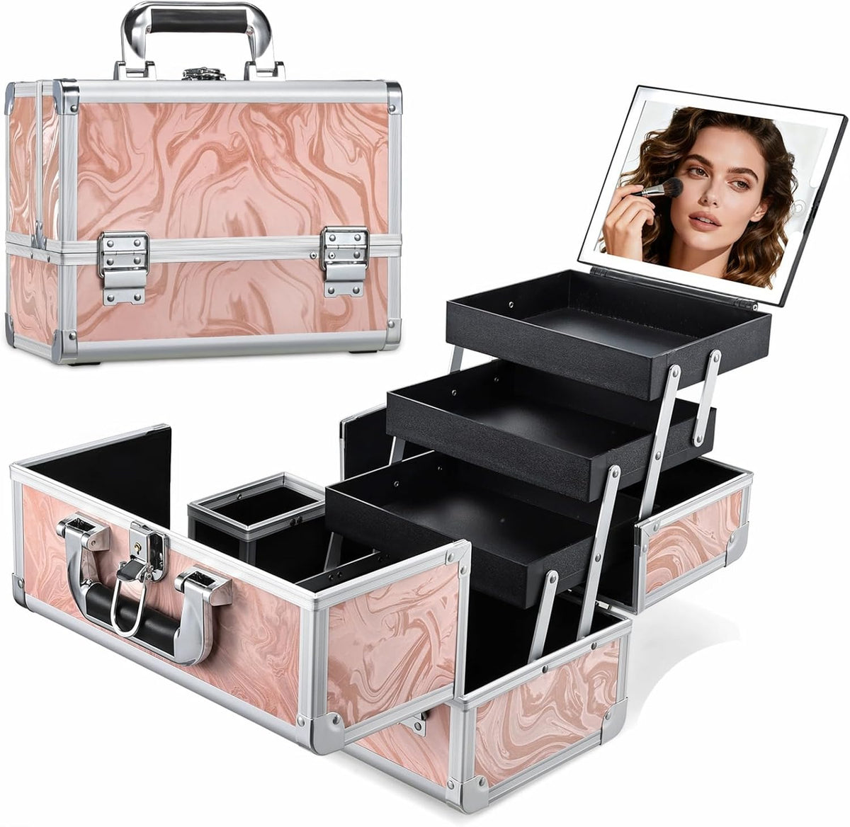 Travel Makeup Case with LED Lighted Mirror - 11.6" Portable Makeup Organizer Box, Cosmetic Train Case with Detachable Brush Holder - Fluid Black