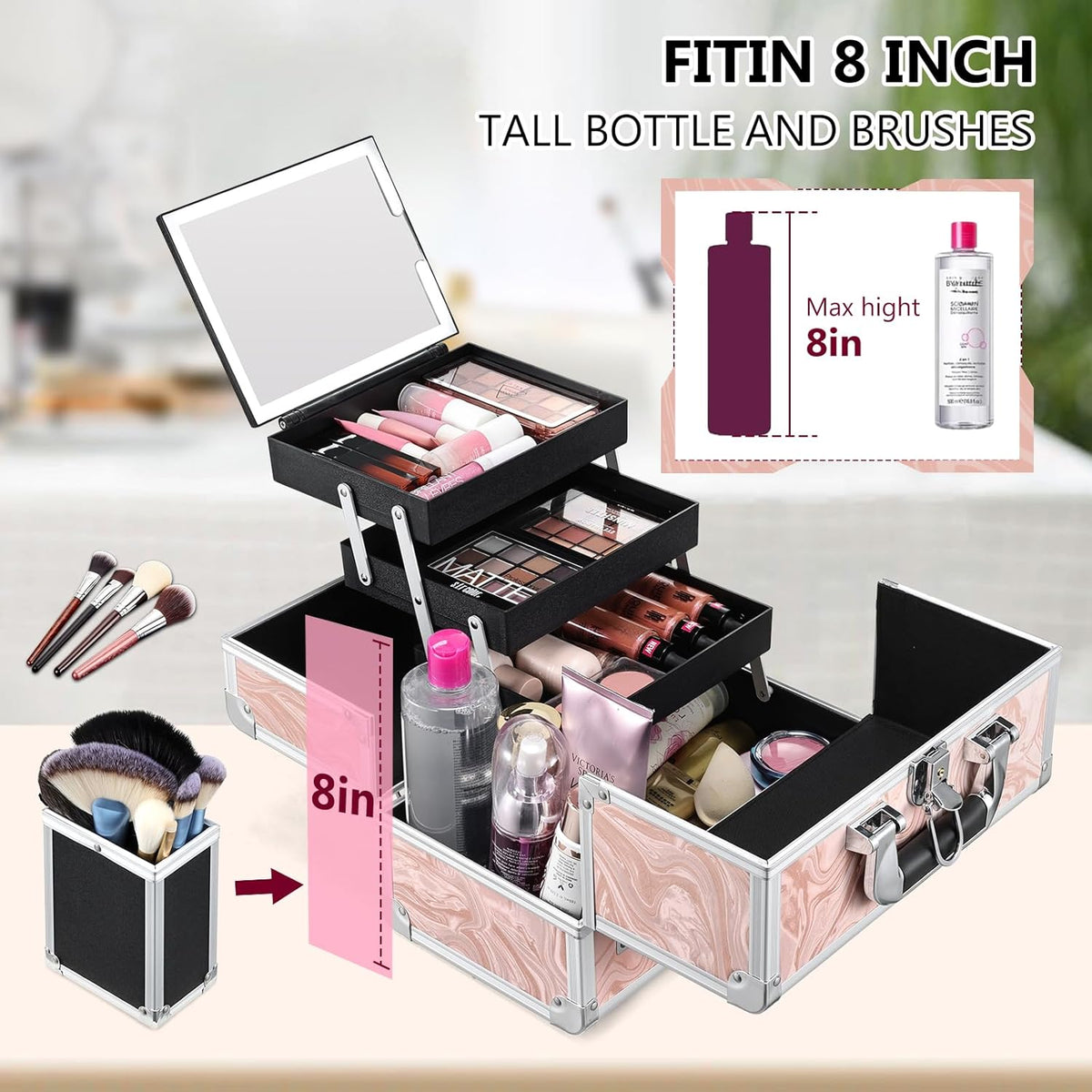 Travel Makeup Case with LED Lighted Mirror - 11.6" Portable Makeup Organizer Box, Cosmetic Train Case with Detachable Brush Holder - Fluid Black