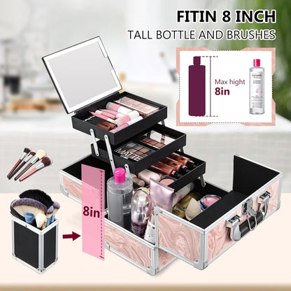 Travel Makeup Case with LED Lighted Mirror - 11.6" Portable Makeup Organizer Box, Cosmetic Train Case with Detachable Brush Holder - Fluid Black