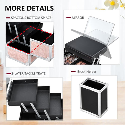 Travel Makeup Case with LED Lighted Mirror - 11.6" Portable Makeup Organizer Box, Cosmetic Train Case with Detachable Brush Holder - Fluid Black